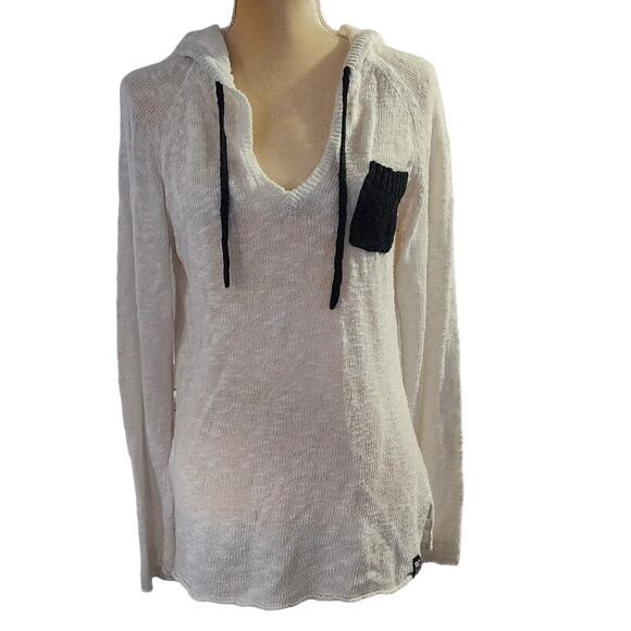 Roxy Women's White Blue Pocket Hooded Semi Sheer Knit Relaxed Beach Sweater XL - Picture 1 of 7